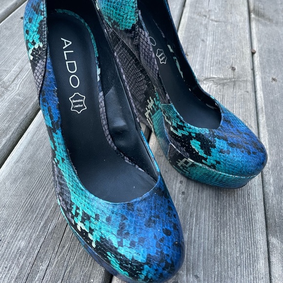 ALDO snakeskin blue animal print platform shoes heels rare leather slip on 8 - Picture 2 of 7